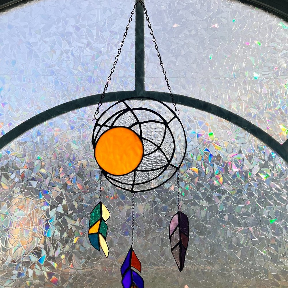 Dream Catcher . Stained glass. Tiffany technology. Moon and feathers.